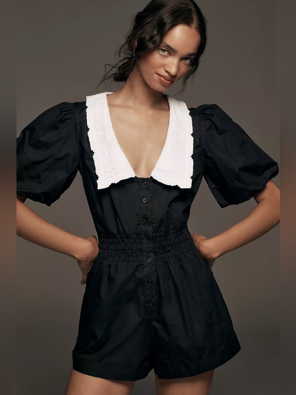 By Anthropologie Puff-Sleeve Collared V-Neck Romper Playsuit - S